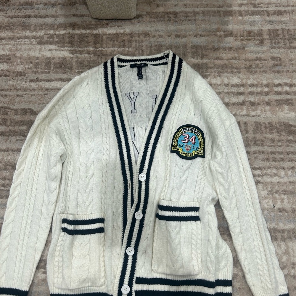 Forever 21 White Cable Knit Cardigan with Black Trim